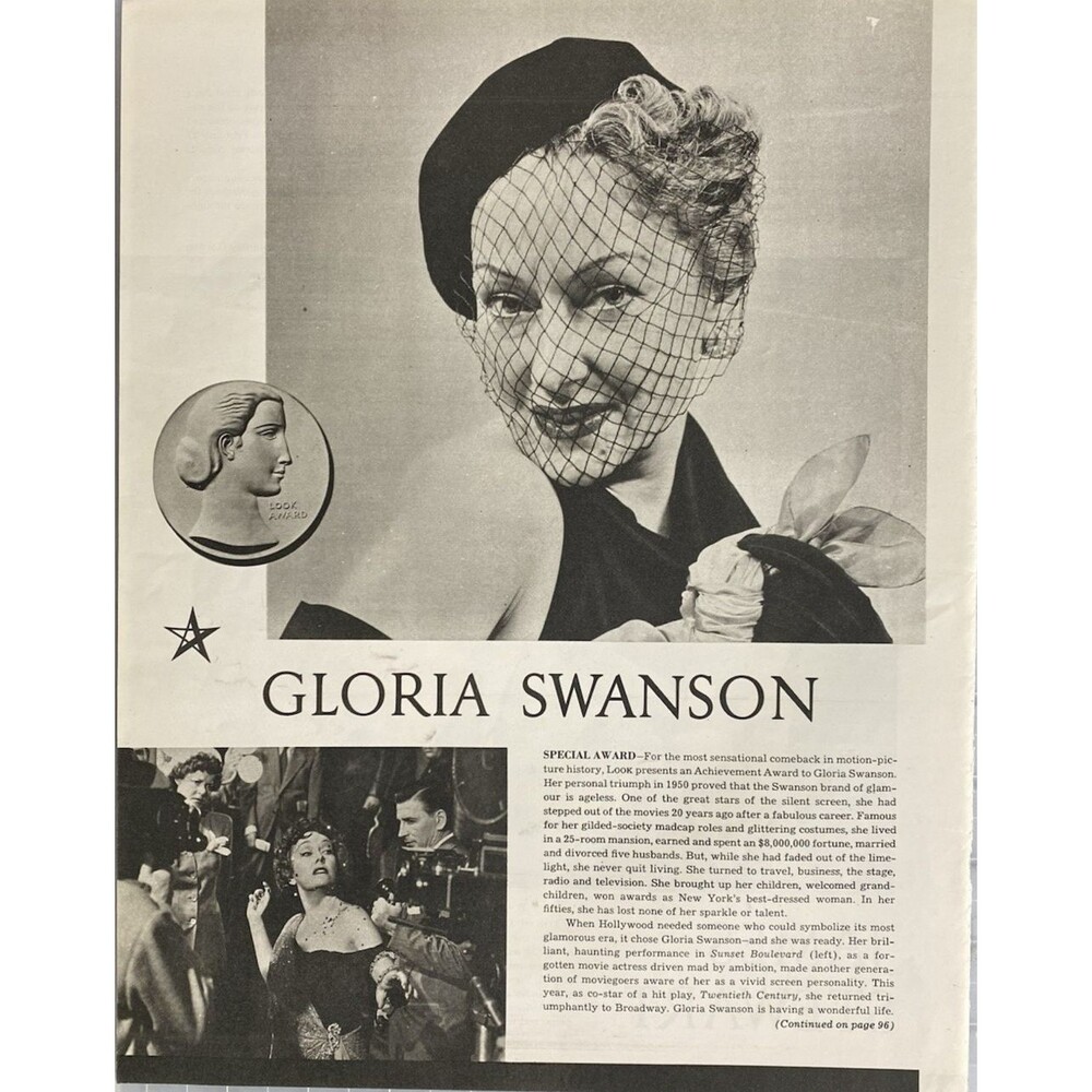 Look Magazine "10 Year Award" GLORIA SWANSON Special Award Vintage Print Ad 1951